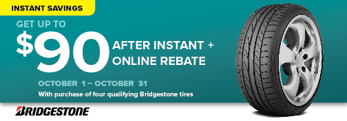 Bridgestone 4 Tire $70 Mail In Rebate + $20 Instant Rebate (select lines), up to $90 Rebate Total, 10/01/2024 through 10/30/2024